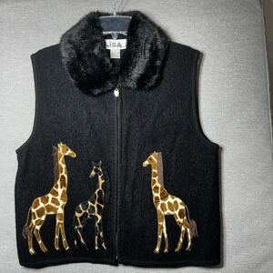 Lisa International Black Giraffe Vest Boiled Wool Women's Large Zip Up